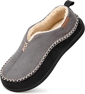 Men's Micro Suede Memory Foam Moccasin Slippers with Fuzzy Sherpa Lining and Anti-skid Sole